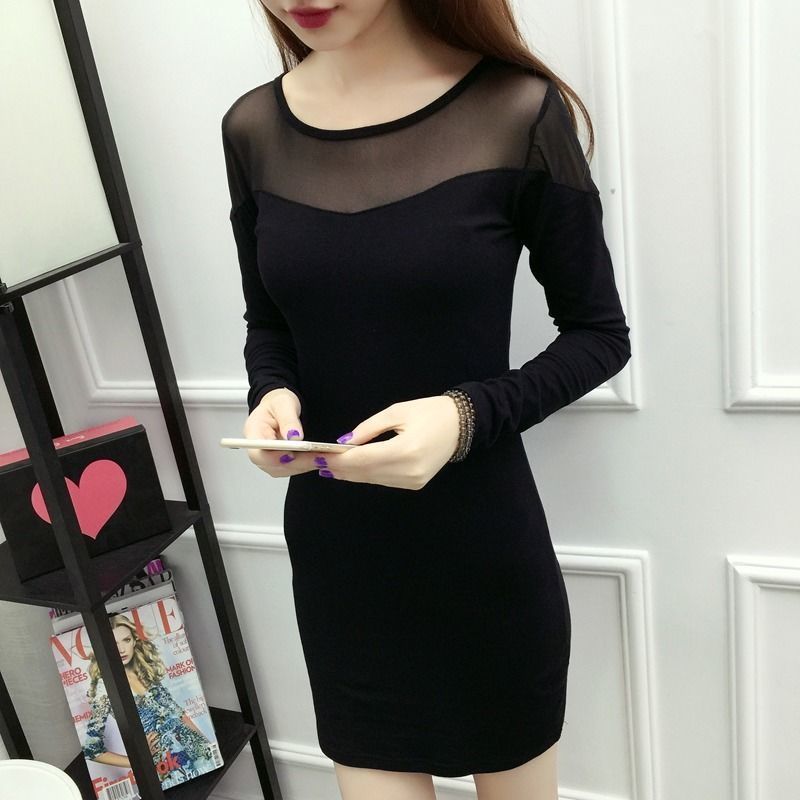 Plus Size Fat2024Spring and Autumn New Korean Style Striped Lace Mesh Patchwork Bodycon Mid-Length Shirt Dress