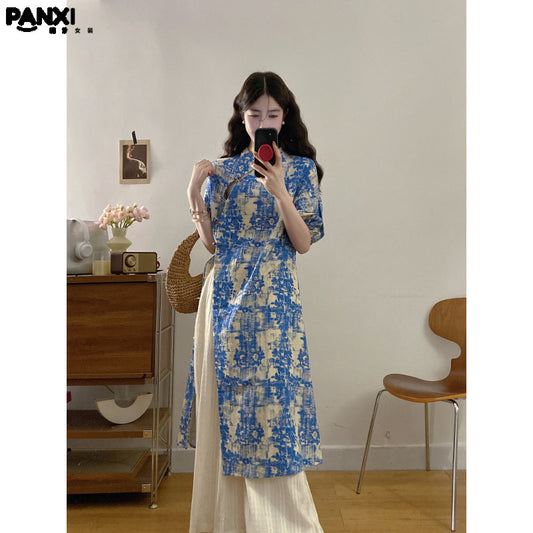 New Chinese Style National Style Set Gentle Temperament Super Beautiful Blue Floral Long Top Casual Long Pants Two-Piece Set