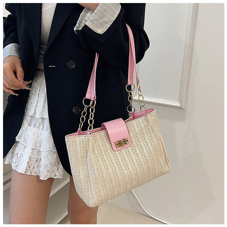 2025Women's Spring New Small Chanel Style Bag for Work Commute Versatile Straw Woven Large Capacity Wide Shoulder Strap Women's Single Shoulder Bag