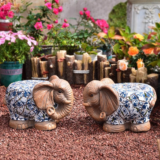 Cartoon Courtyard Animal Decoration Ornament Blue and White Elephant Stump Courtyard Garden Flower Pot Base Balcony Outdoor Chair