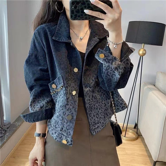 Black Vintage Leopard Print Denim Jacket for Women Fashion Short Coat Autumn Women's Clothing2022New Arrival Jacket