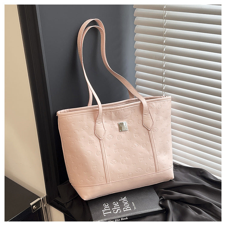 European and American Trendy Simple Large Capacity Tote Bag2025New high-value casual cute embossed single-shoulder handbag