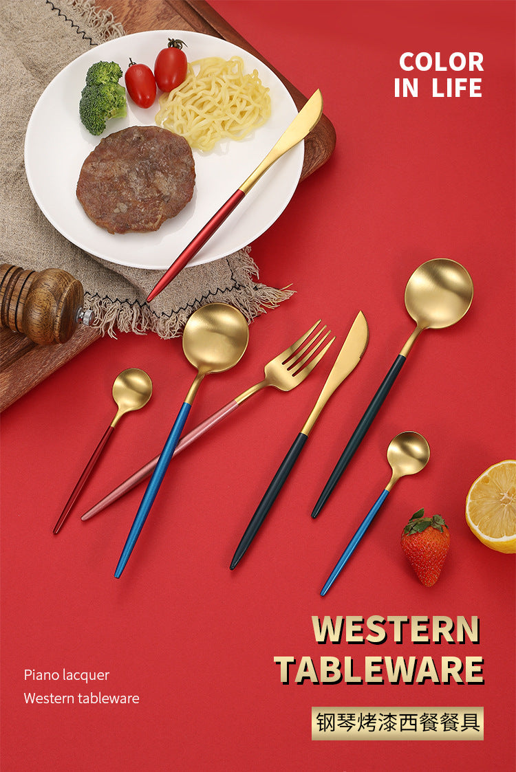 Cross-Border304Stainless Steel Portuguese Cutlery Set Knife Fork Spoon Round Handle Thick Western Cutlery Nordic Hotel Steak Knife