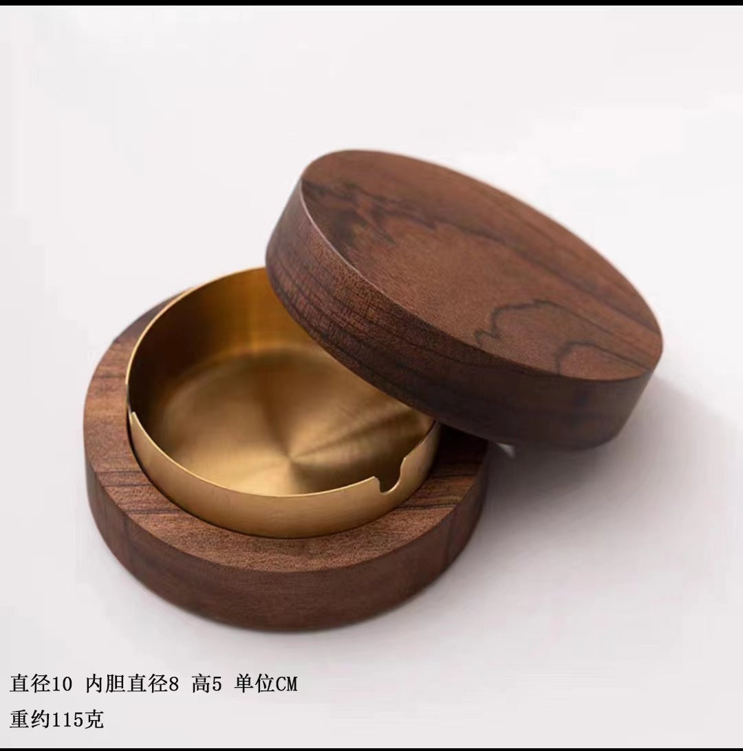 Walnut Ashtray for Home Living Room with Lid, Anti-Fly Ash, Stainless Steel Inner Liner, Creative Office Quality Ashtray