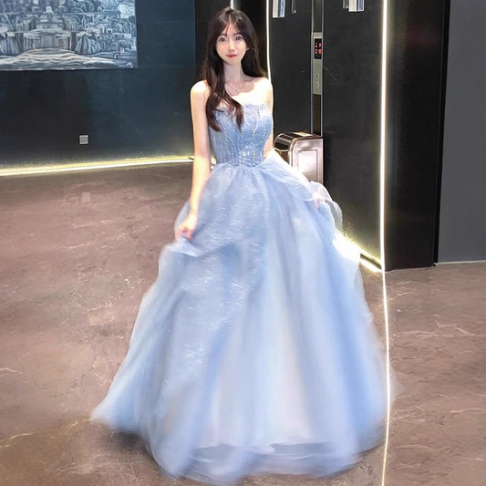 Blue Strapless Dress Puff Skirt Runaway Princess Fairy Dress Light Luxury High-end Evening Dress Host Slim Fit Elegant