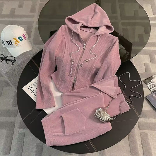 Casual Sports Suit for Women, Spring and Autumn New Loose Short Hooded Top with Draped Split Wide-Leg Pants Two-Piece Set