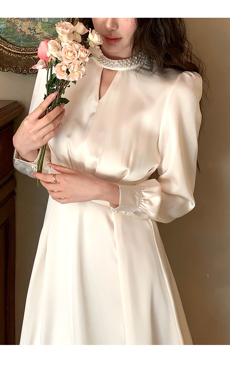 French A Line skirt2025Spring and Summer New Women's Long Sleeve Dress Waist Slimming Elegant Acetate Satin Long Dress