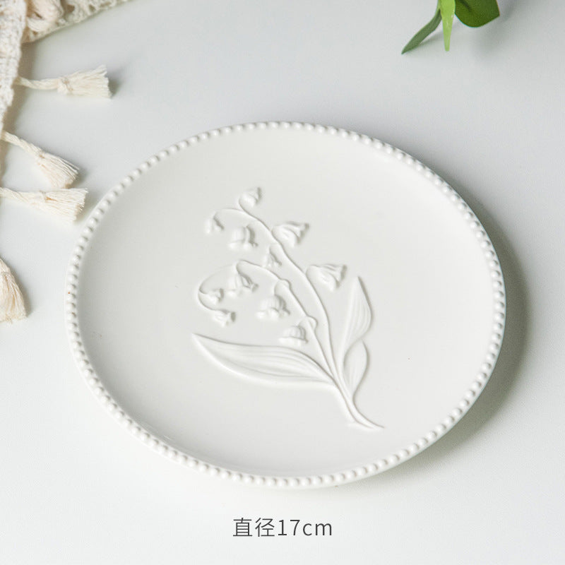 American Relief Lily of the Valley Series Lace Ceramic Western Pasta Plate Pastry Dessert Plate Deep Plate Household Dish Plate