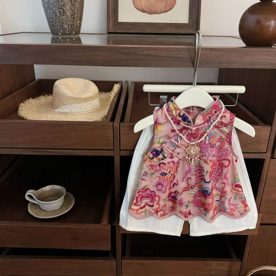 【Sweet Little Chef】Drunk Peach Blossom！Baby Girl New Chinese Style Pink Jacquard Cheongsam Straight Pants Fashionable Set