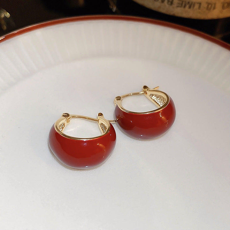 Silver Needle Ancora Red Oil Drop Geometric Earrings Niche Versatile Retro Elegant Studs High-end Fashion Earrings for Women