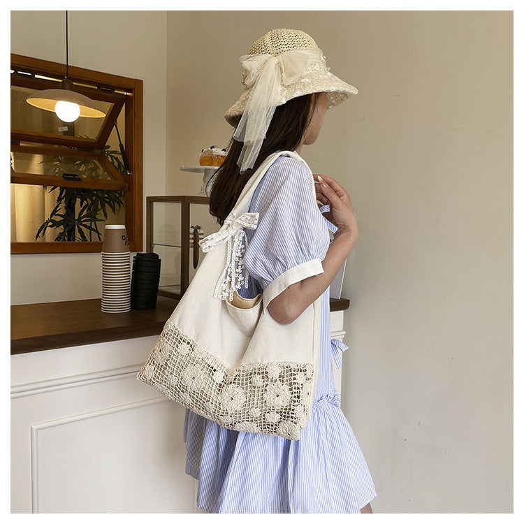 Design Summer Vacation Style Large Capacity Beach Bag Niche Lace Canvas Underarm Bag Women's Floral Single Shoulder Tote Bag