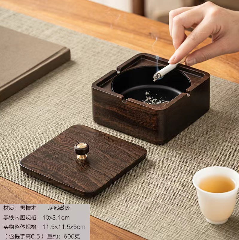 Walnut Ashtray for Home Living Room with Lid, Anti-Fly Ash, Stainless Steel Inner Liner, Creative Office Quality Ashtray