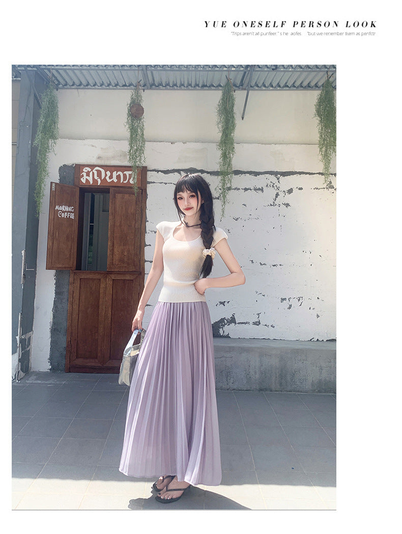 Thirteen Lines·Yunheyu Gentle Light Purple Pleated Long Skirt for Women Versatile Casual Vacation Style Draped Half Skirt