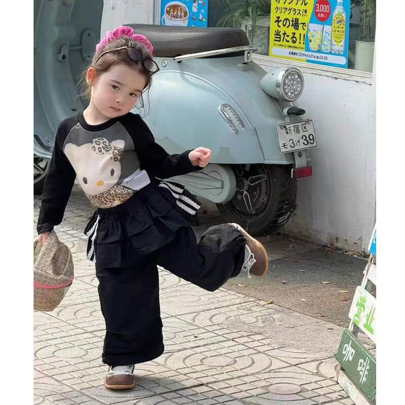 Sweet Little Sister Children's Clothing Autumn New Style Girls' Korean Fashion Slim Cartoon T Shirt Ruffled Casual Cargo Pants