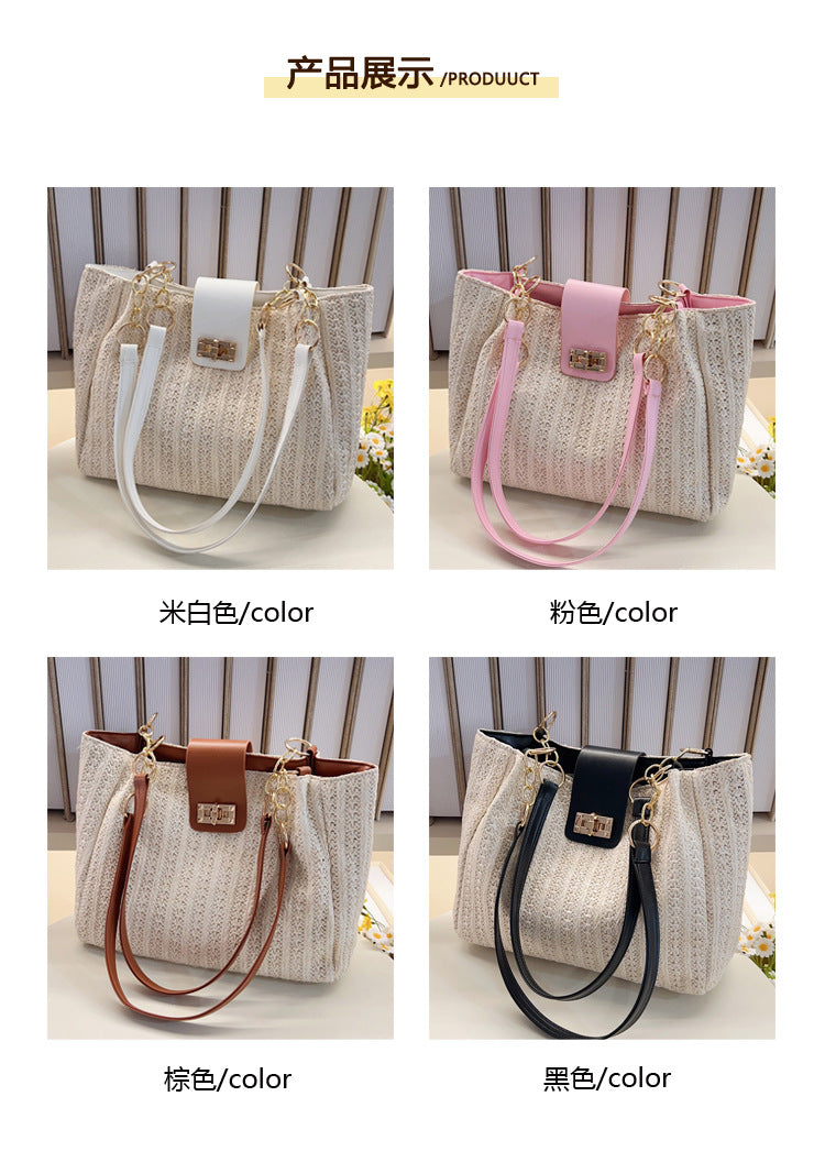 2025Women's Spring New Small Chanel Style Bag for Work Commute Versatile Straw Woven Large Capacity Wide Shoulder Strap Women's Single Shoulder Bag
