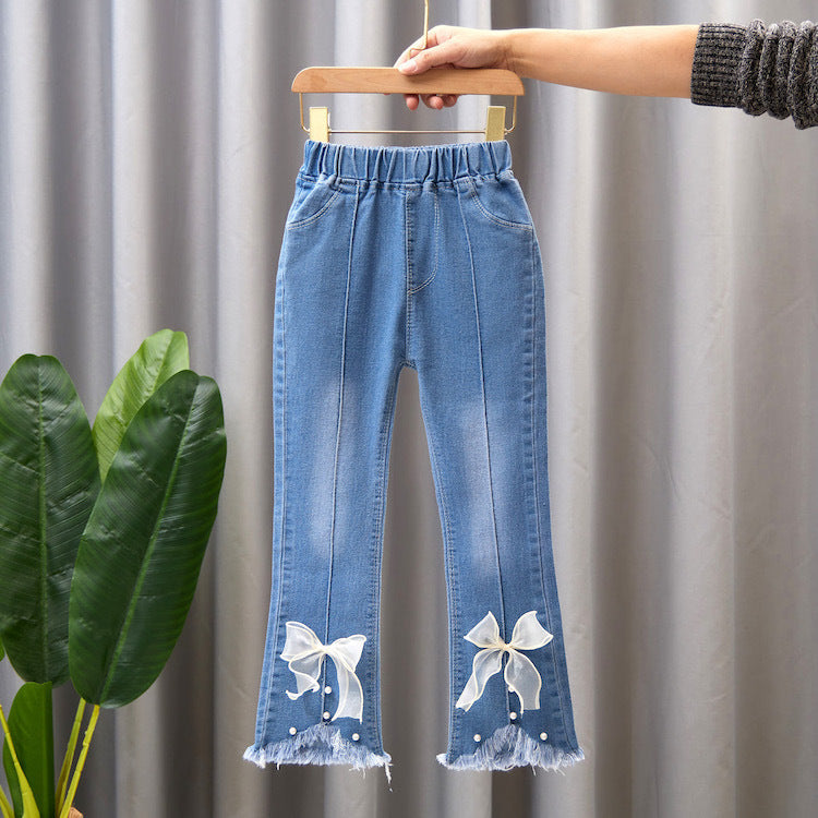 Children's Clothing Wholesale Girls' Jeans Spring and Autumn New Style Medium and Large Children's Slim Pants Baby Casual Girls' Flared Long Pants