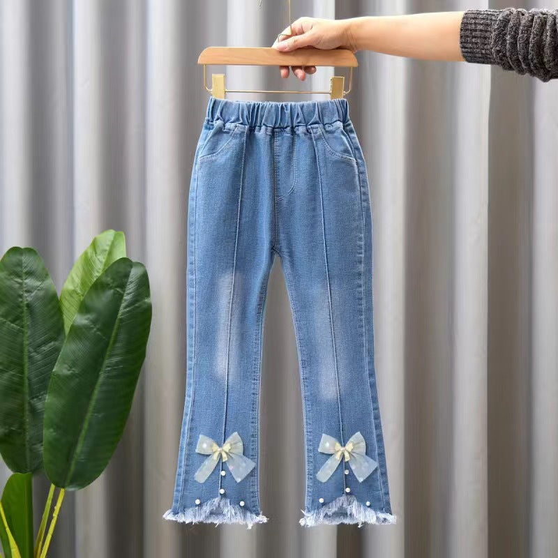Children's Clothing Wholesale Girls' Jeans Spring and Autumn New Style Medium and Large Children's Slim Pants Baby Casual Girls' Flared Long Pants