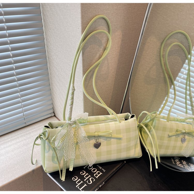 Dopamine Plaid Handbag Small Tote Bag for Women Summer2025New Ballet Style Bow Baguette Bag Underarm Bag Trendy