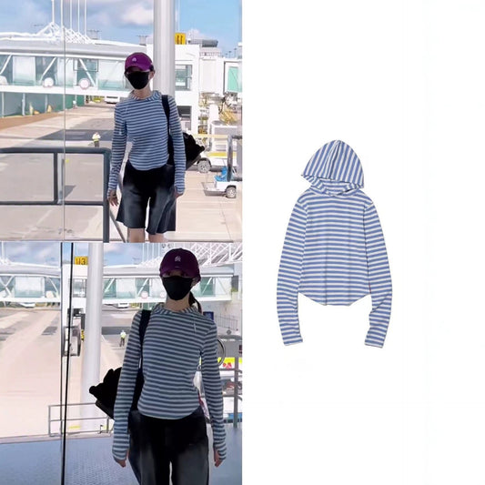 Pre-Sale】2025New Autumn Korean Dongdaemun Tian Xiwei Same Style Striped Hooded Sweatshirt TS16771