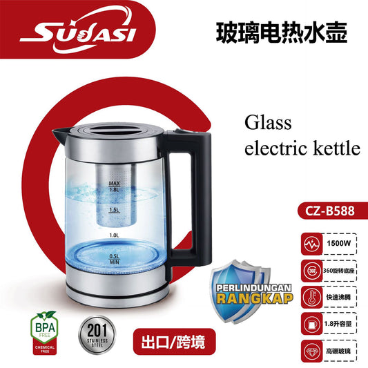 European Standard Export Household Glass High Borosilicate with Filter Net GLASS 1.8L Lianjiang Electric Kettle Factory