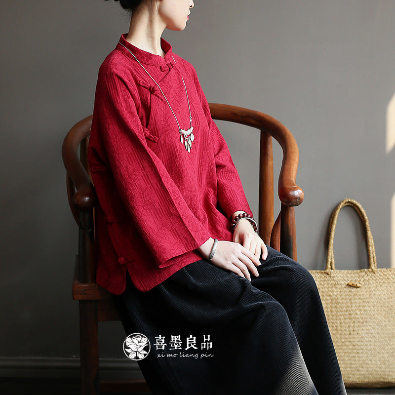 8813Xi Mo Women's Clothing Republic of China Retro Artistic Spring and Autumn New Double Layer Jacquard Button Shirt Chinese Style Short Top