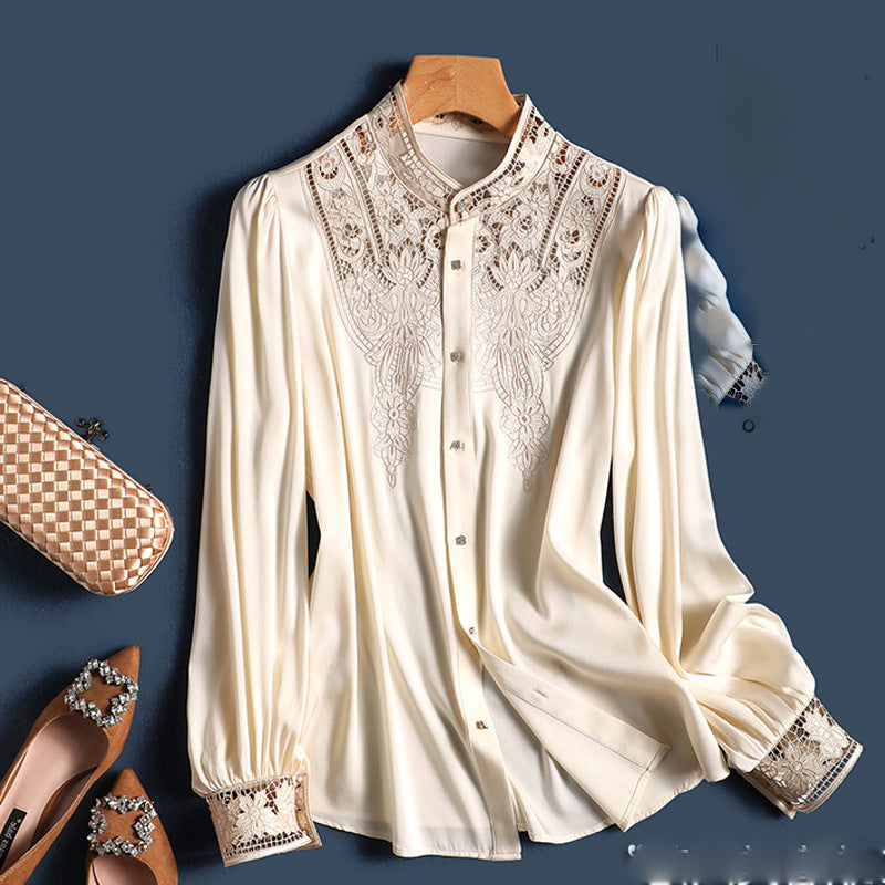 D Luxurious and Elegant Style~Silk Hollow Embroidery Silk Shirt for Women Long Sleeve Fashion Cardigan Summer Top