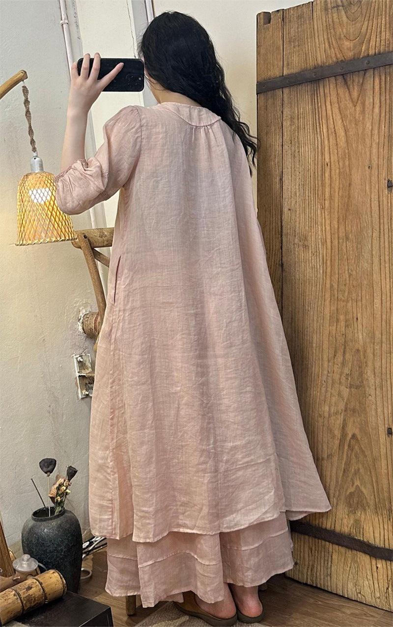 2025Summer New Retro Niche Pure Ramie Handmade Button Lace-up Light National Style Dress