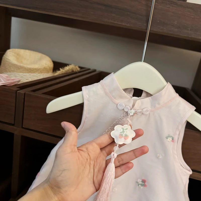 Sweet Little Girl Summer Outfit New Baby Chinese Style Top Wide-Leg Pants Summer Fashion Chinese Two-Piece Set