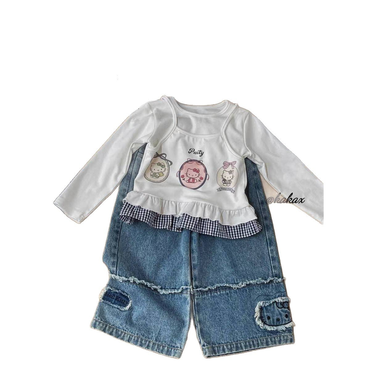 Sweet Little Girl Autumn Long Sleeve Outfit T New Korean Style Fashionable Baby Girl Fake Two-Piece Lace Base Shirt Top