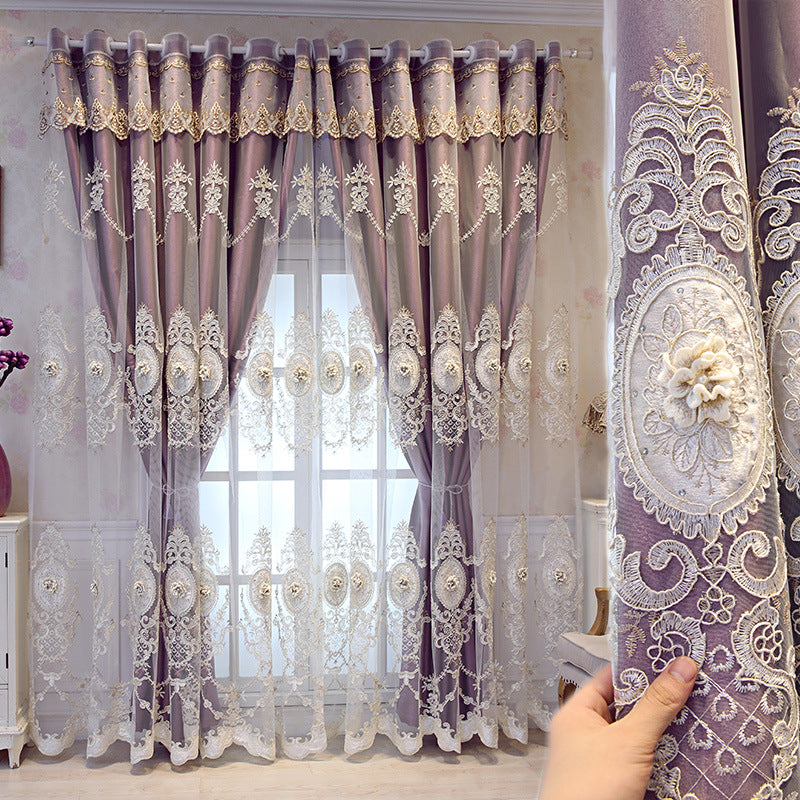 European Style High-End Simple Modern Fabric Sheer Integrated Blackout Double Layer Embossed Embroidered Curtains for Living Room Bedroom Balcony