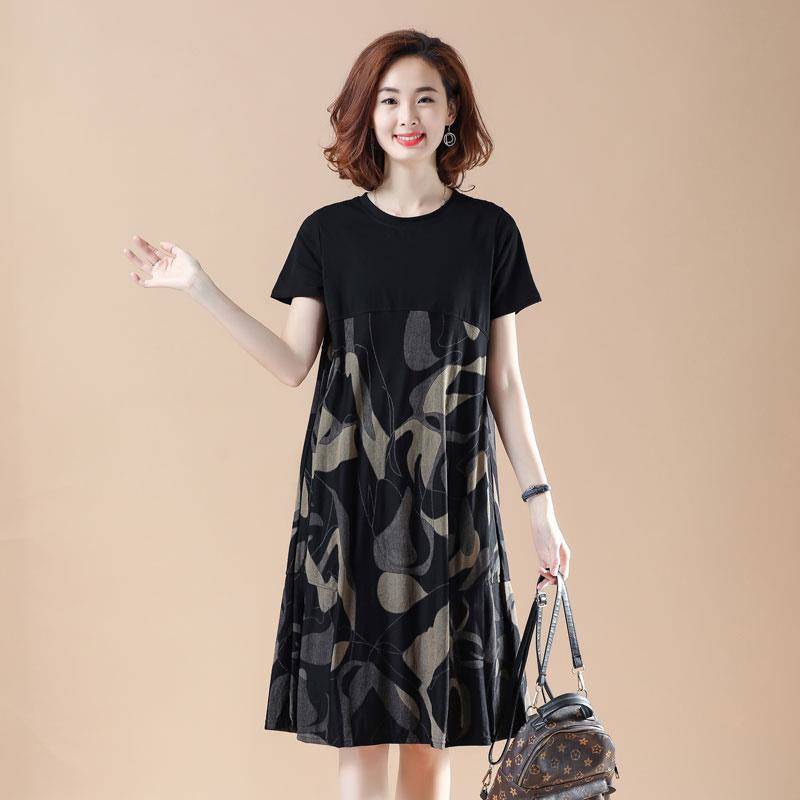 Plus Size Women's Loose Fit Clothing MM Mid-length printed camouflage patchwork short-sleeve dress for women2021Summer Clothing