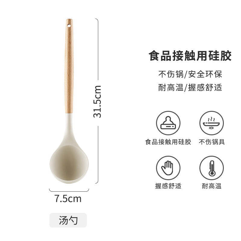 Wooden Handle Non-Stick Pan Silicone Kitchen Utensils Soup Spoon Spatula One Piece