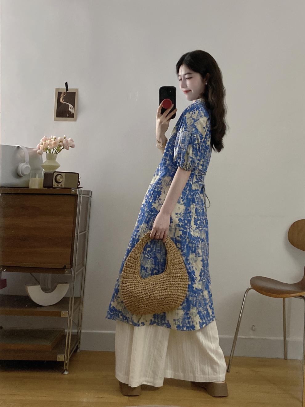 New Chinese Style National Style Set Gentle Temperament Super Beautiful Blue Floral Long Top Casual Long Pants Two-Piece Set