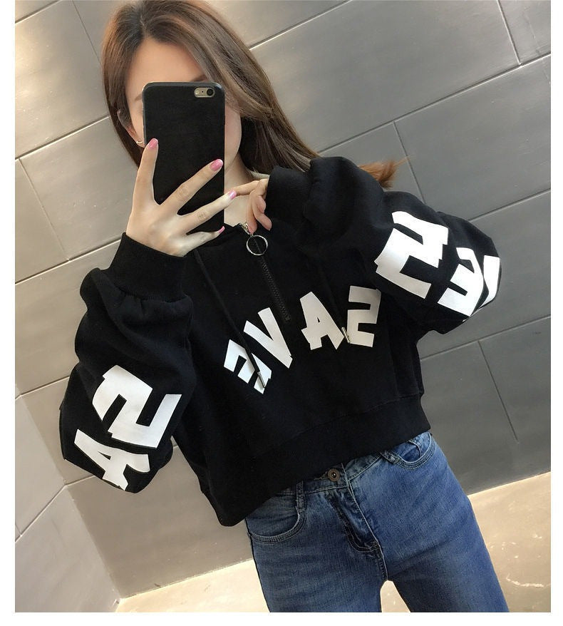 Half Zipper Hooded Short Petites Sweatshirt Women2025New Early Autumn Thin High-Waisted Stylish Streetwear Jacket Trend