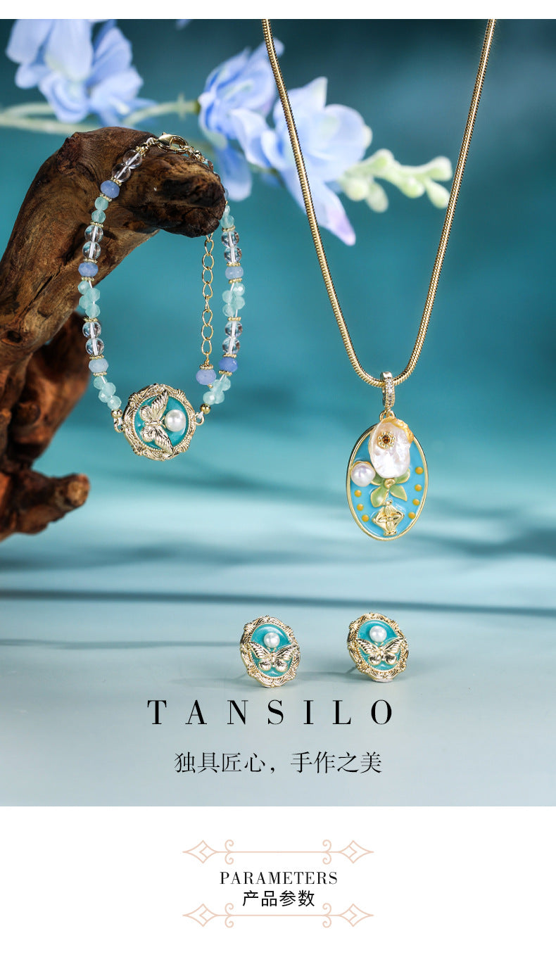 New Tinefu Blue Pearl Necklace Natural Baroque Pearl Butterfly Bracelet14k Gold-plated Earrings Jewelry Set