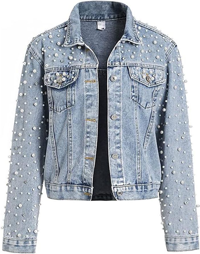 Cross-Border Amazon ebay European and American Style Pearl Denim Jacket Short Rhinestone Denim Jacket Coat Top