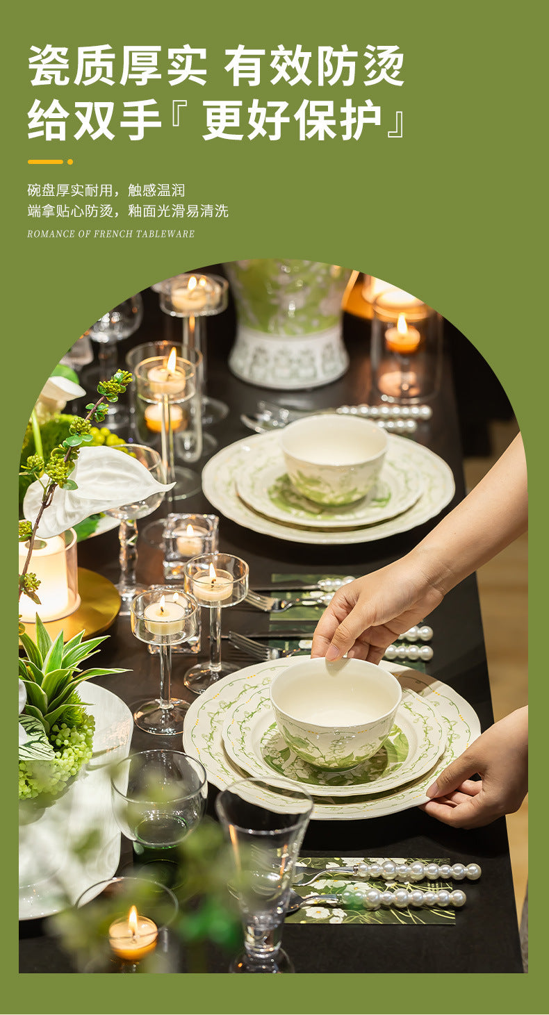 Lily of the Valley Bowl and Plate Set Household Ceramic Tableware Set Pastoral Style High-Value Underglaze Color Vegetable Plate Soup Plate Bowl and Chopsticks
