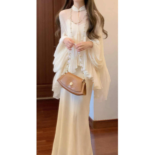 New Chinese Style National Style Set Cool and Relaxed Feel Strap Dress Stand Collar Top Elegant and Decent Two-Piece Dress Set