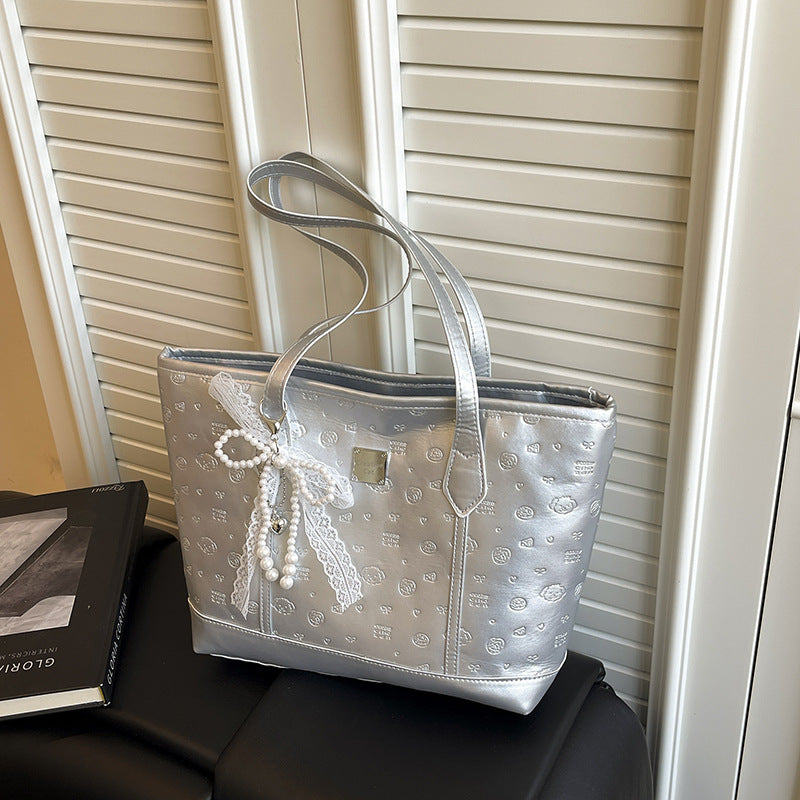 European and American Trendy Simple Large Capacity Tote Bag2025New high-value casual cute embossed single-shoulder handbag