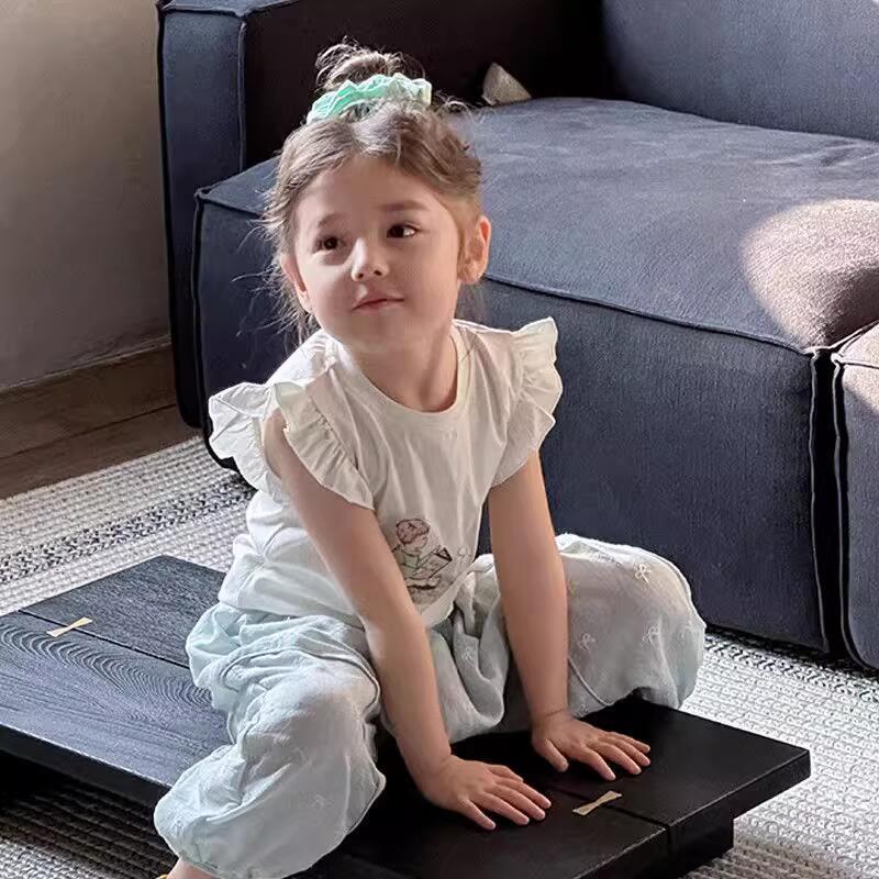 Sweet Little Girl Summer New Cute Lace Cartoon Vest and Jogger Anti-Mosquito Pants Two-Piece Set Trendy