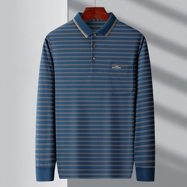 Autumn Men's Long Sleeve Cotton t Shirt for Middle-aged Dad Autumn Outfit with Turn-down Collar and Stripes POLO Base Layer Shirt T Grandpa's clothes