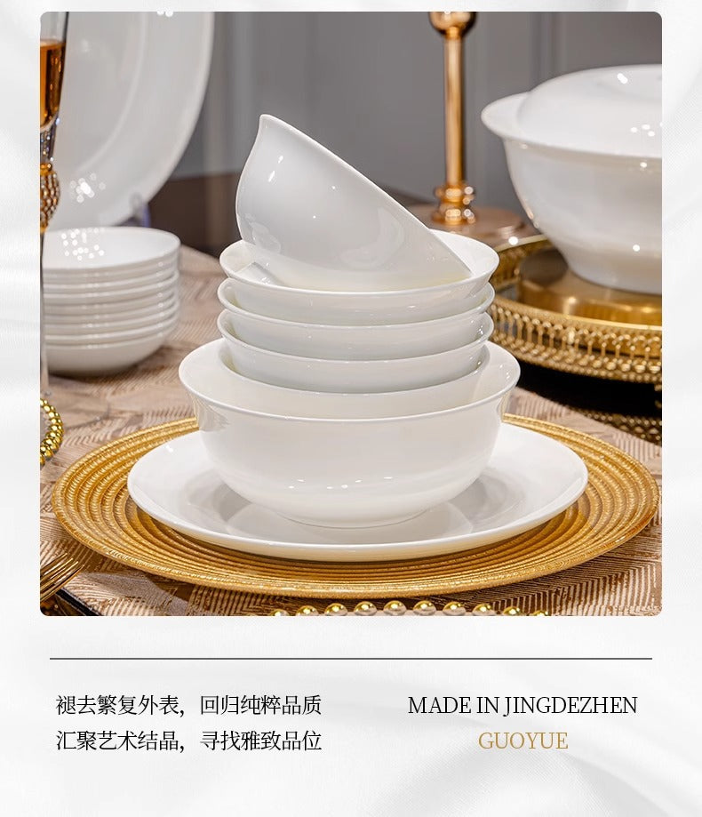 Tangshan Bone China Pure White Underglaze Color Bowl and Plate Set Household Combination Tableware Set Bowl Plate Dish Gift Box High Temperature Porcelain