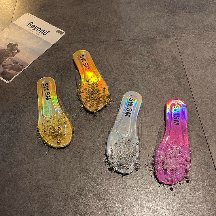 Sparkling Silver Transparent Beaded Closed-Toe Mules for Women2024Summer Internet Celebrity Super Popular Sandals Slippers