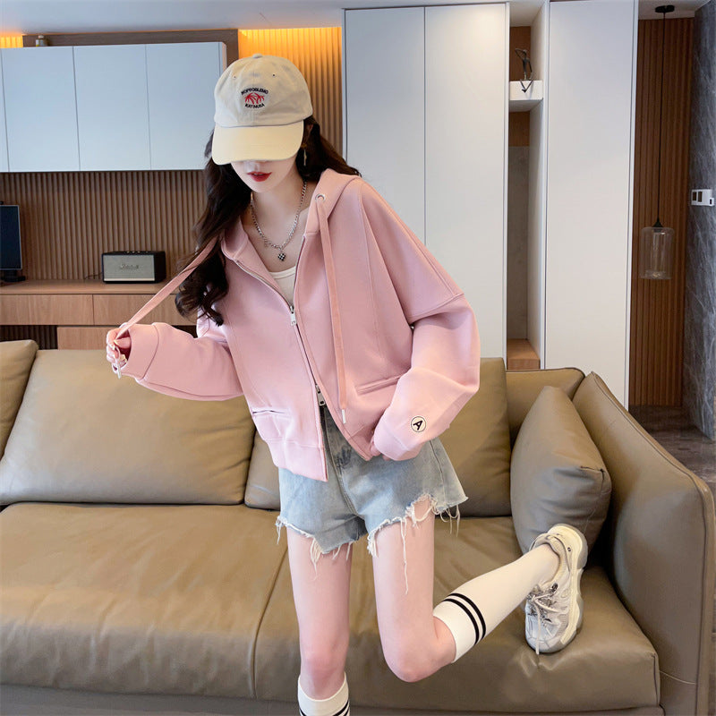 Spring and Autumn Short Hooded Sweatshirt Jacket for Petite Women, New Thin Loose Stylish Zipper Cardigan for Autumn and Winter