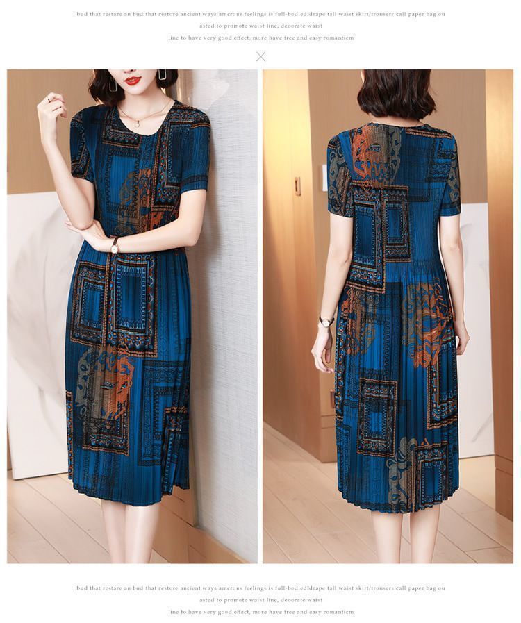 Pleated Printed Short Sleeve Mid-Length Mom Dress2025Summer Retro Round Neck Casual Loose Plus Size Dress