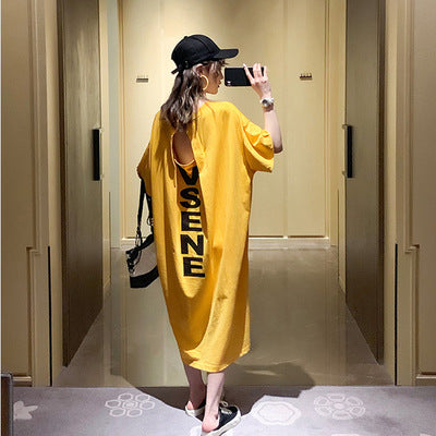Summer Korea200Jin Fat mm Dress Women's Long Backless Loose Maxi Dress Plus Size Short Sleeve Maternity T T-shirt Skirt