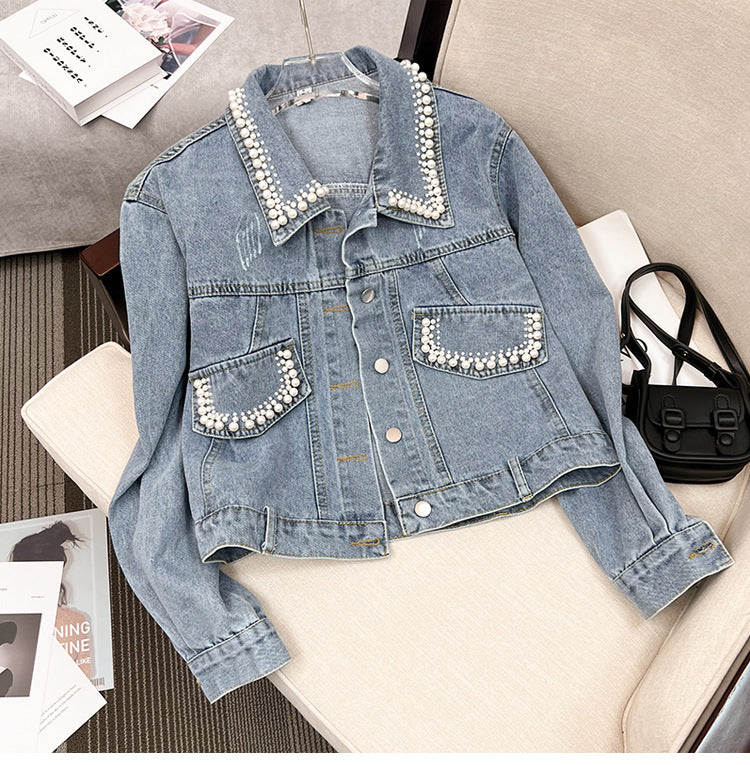 European Style Design Denim Jacket for Women, Loose Fit for Spring and Autumn2024New Heavy Beaded Jacket