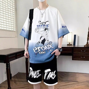 American striped short sleeve t Men's Summer Trendy Neck Loose Cotton