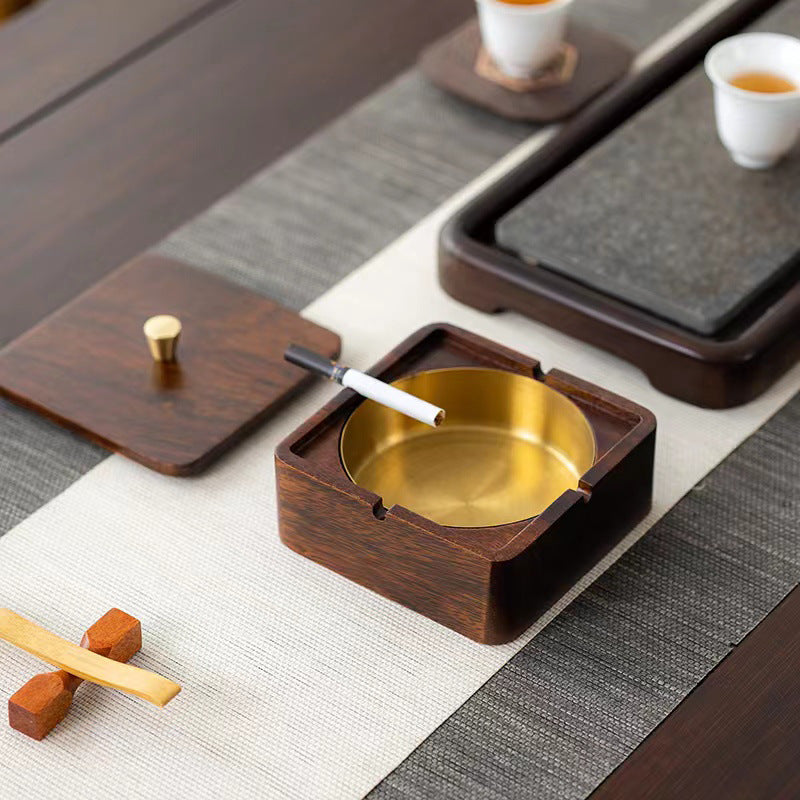 Walnut Ashtray for Home Living Room with Lid, Anti-Fly Ash, Stainless Steel Inner Liner, Creative Office Quality Ashtray