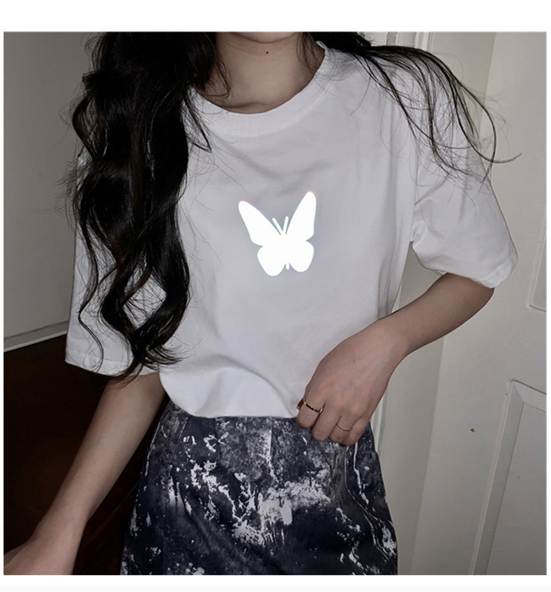 Summer2025New Year's Trendy Internet Celebrity Couple Outfit Reflective Butterfly Short Sleeve t Women's Summer T-shirt ins Super Popular Short Top